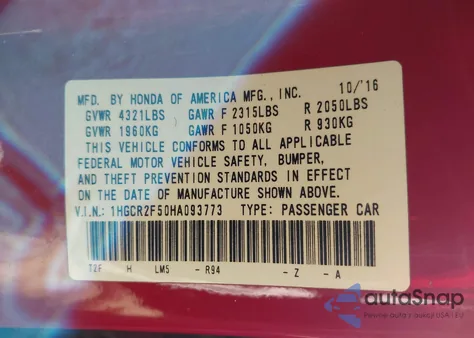 2017 Honda Accord Sport z USA, uszkodzony, nr VIN 1HGCR2F50HA093773